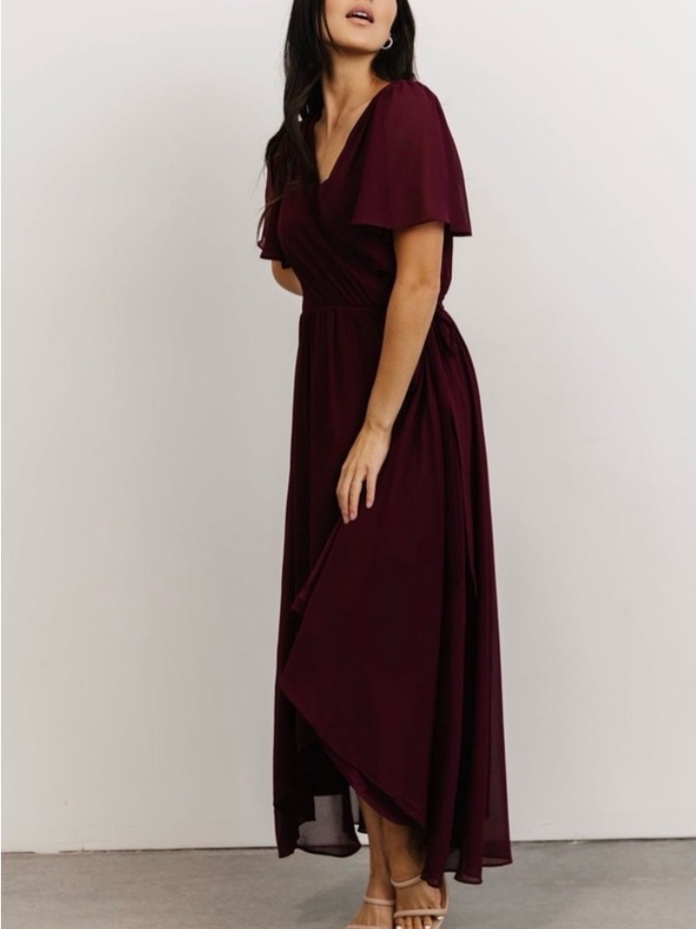 Baltic Born Wine Flutter Sleeve Wrap Maxi Dress